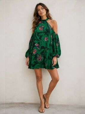 $108 Free People Drift Away Cold Shoulder Tunic Dress Green Floral Bohemian Mini